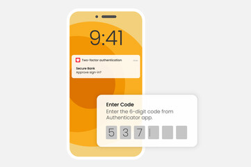 Flat design vector image of a smartphone displaying a 2-factor authenticator app with a 6-digit code for secure sign-in. Modern Mobile Phone User Interface Design Template.