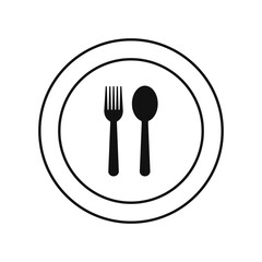 White plate with black fork and spoon icon in vector. Symbols of food, cafe or restaurant in outline. Meal and eat icon in line.