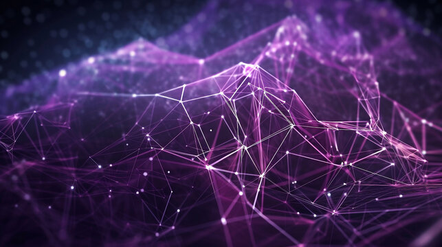 A highly detailed Plexus of abstract purple geometrical with dark background. AI generative.