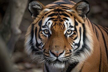Fototapeta na wymiar Royal Bengal Tiger staring into the camera, India Sundarbans, Endangered animals, Generative AI