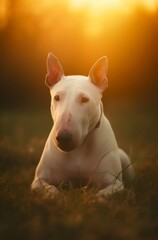 Bull terrier is lying on the grass in the park. Generative AI.