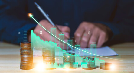 higher interest rates and dividends. Stack of coins and corporate profit percentage Saving money to...