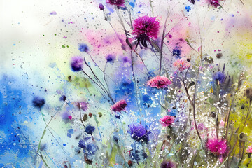 Watercolors flowers background, abstract flowers made from watercolor paint splashes, beautiful illustration impressionism style. Generative AI. - obrazy, fototapety, plakaty