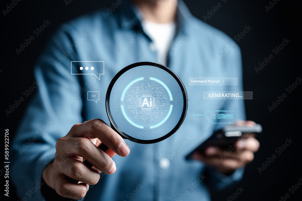 Poster Ai Technology System. Businessman using chat bot intelligence Ai. Chat with AI Artificial Intelligence, developed by OpenAI generate. Futuristic technology, robot in online system.