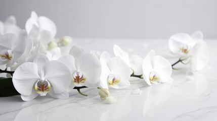Naklejka na ściany i meble White orchid flowers on white floor. Generative AI