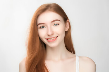 Fototapeta premium Portrait of Beautiful AMERICAN EUROPEAN Woman with her Smooth skin look at camera on White background in Studio light. generative AI.