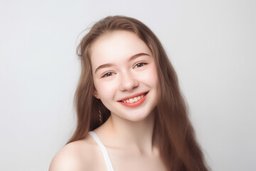 Portrait of Beautiful AMERICAN  EUROPEAN Woman with her Smooth skin look at camera on White background in Studio light. generative AI.
