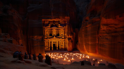Midjourney generated image of a Mystical Red Rock City, Petra, Jordan - obrazy, fototapety, plakaty