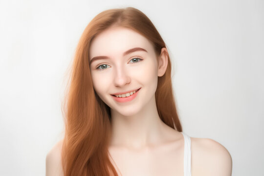 Portrait of Beautiful AMERICAN  EUROPEAN Woman with her Smooth skin look at camera on White background in Studio light. generative AI.