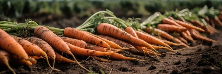 harvest of carrots in the field, carrots lie in rows in the farm field.Generative AI