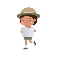 Cute little african american kid holding map, boy scout or girl scout honor uniform, kids summer camp, Happy children cartoon flat character isolated vector illustration on white background