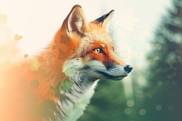 Obraz premium Fox in nature double exposure. Generative AI illustration