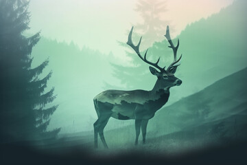 Deer in nature double exposure pic. Generative AI illustration