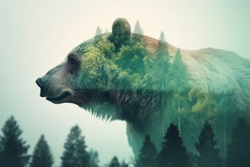 Bear in nature double exposure. Generative AI illustration
