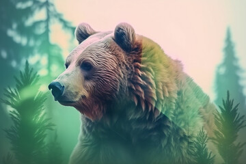 Bear in nature double exposure. Generative AI illustration