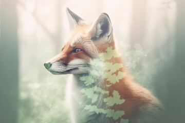 Fox in nature double exposure. Generative AI illustration