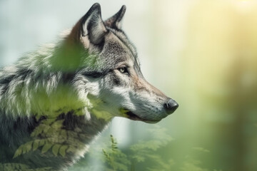 Wolf in nature double exposure. Generative AI illustration