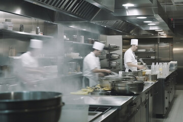 Restaurant kitchen with chefs. Generative AI illustration