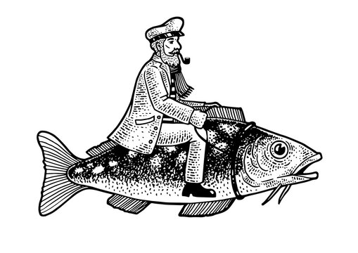Fisherman captain riding fish sketch PNG illustration with transparent background