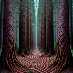 Sacred Redwood Forest: Alex Gray's Artistic Style - obrazy, fototapety, plakaty