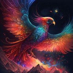 Majestic Rainbow Phoenix: A Surreal Aesthetic of Vibrant Colors and Mythical Beauty