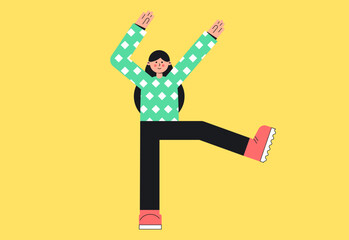 Happy woman dance. Flat vector girl in modern style. Girl raised her arms and leg up