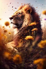 Zelfklevend Fotobehang Photorealistic Double Exposure of a Lion and the Savannah Landscape © Arnolt