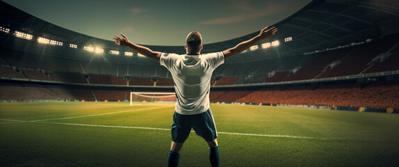 Fototapeta na wymiar Football player in white shirt raises both hands up in huge football stadium , Generative AI