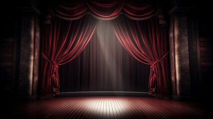 Fototapeta premium Theatre stage with red curtains. Illustration AI Generative.