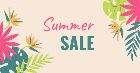 Creative, bright, colorful background with tropical leaves. Summer sale, poster template, greeting card, banner.