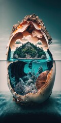 Tropical Paradise: A Serene Island Retreat Encased in a Beautiful Sea Shell - obrazy, fototapety, plakaty