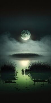 Huge Moon Rising Over a Foggy Swamp: A Minimalistic Nighttime Scene