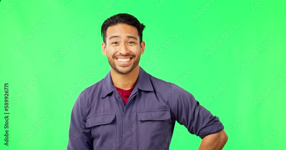 Poster green screen, sweat and portrait of a happy handyman remove cap or hat isolated in a studio backgrou
