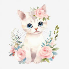 Cute baby cat, pastel colors, flowers, watercolor illustration