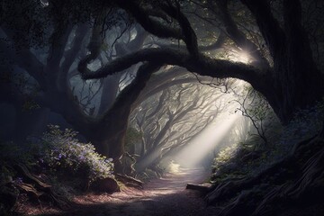 Enchanted Forest: A Dark Bloomcore Fantasy with Radiant God Rays - obrazy, fototapety, plakaty