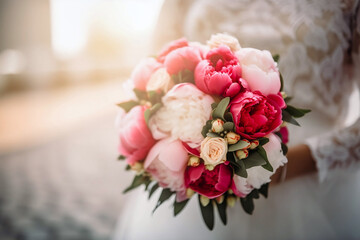 Wedding flower bouquet with pink and red rose and peony flowers. Generative AI illustration