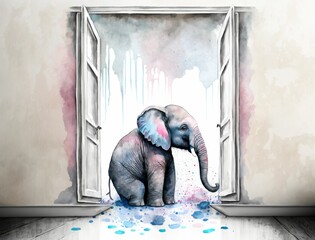 Stylized Watercolor Drawing of a Baby Elephant in Abstract Form