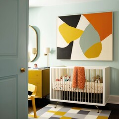 Mid-Century Inspired Baby Room with Vibrant Wall Art and Cozy Crib