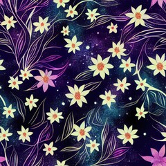 "Colorful Botanic Floral Seamless Repeat Pattern with Galaxy Theme" (60 characters)