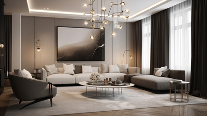 Naklejka na ściany i meble Modern living room interior. Illustration AI Generative.