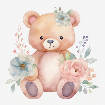 Cute Teddy bear, pastel colors, flowers, watercolor illustration