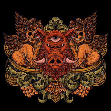 Vector illustration. wild boar head with two angel vintage engraving ornament style perfect for your business and T shirt merchandise