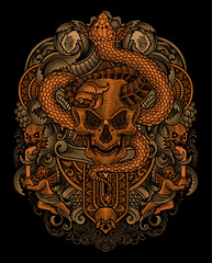 Vector illustration. demon skull with snake vintage engraving ornament style perfect for your business and T shirt merchandise