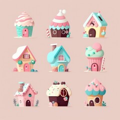 Cartoon-Style Candy-Shaped Cottages: A Collection of Adorable Delights