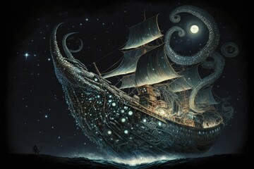 Starry Night: A Majestic 18th Century Giant Ship - obrazy, fototapety, plakaty