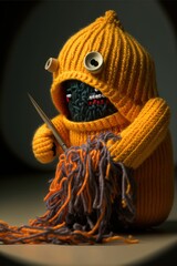 Miniature Knitted Fashion Monster in the Act of Knitting Itself