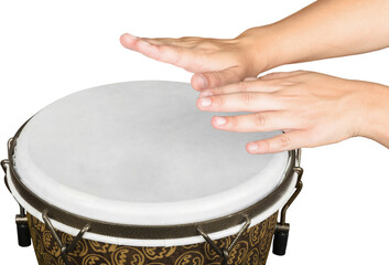 Male hands Playing the drum isolated on white background