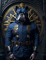 English policeman with bulldog head is posing in front of a clock, generated by generative AI