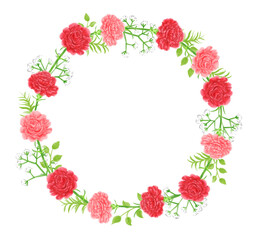 Round frame of carnations and gypsophila painted with digital watercolor
