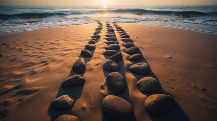 Fototapeta na wymiar Dark stones on sand near sea at sunset. Zen concept. Generative Ai